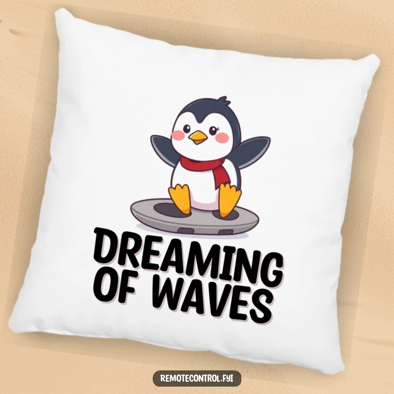 Funny determined penguin surfing on a remote control like a surfboard. Soft and funny pillow.