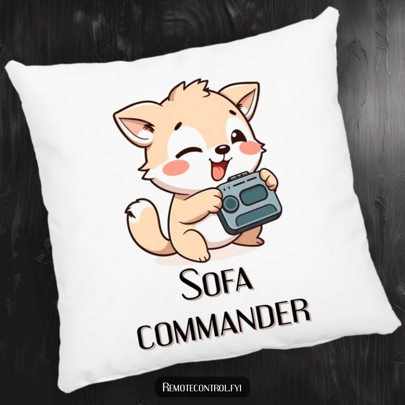 Funny pillow with a playful animal character aiming a remote control with a silly face, offering cozy comfort and entertainment.