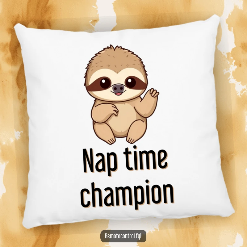 Funny content sloth slowly pushing a button with a single finger, printed on a soft and decorative pillow.