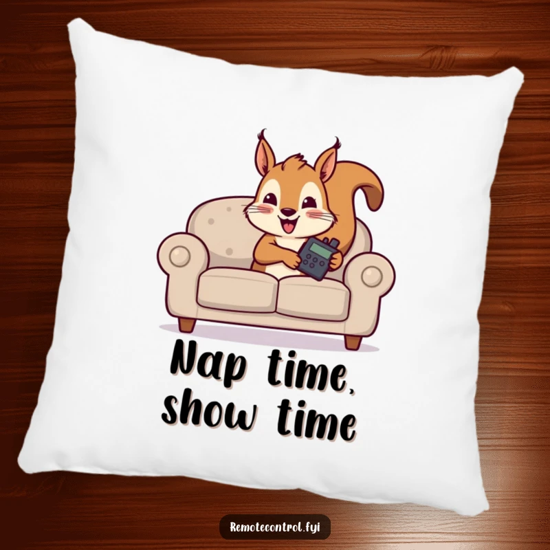 Funny pillow displays a mischievous squirrel peeking from behind a sofa, expertly guarding a TV remote.