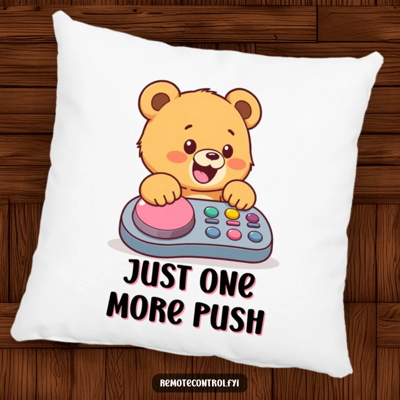 Funny bear cub pillow, showing a joyful cub intently mashing a big button on a remote, adding comfort and humor.