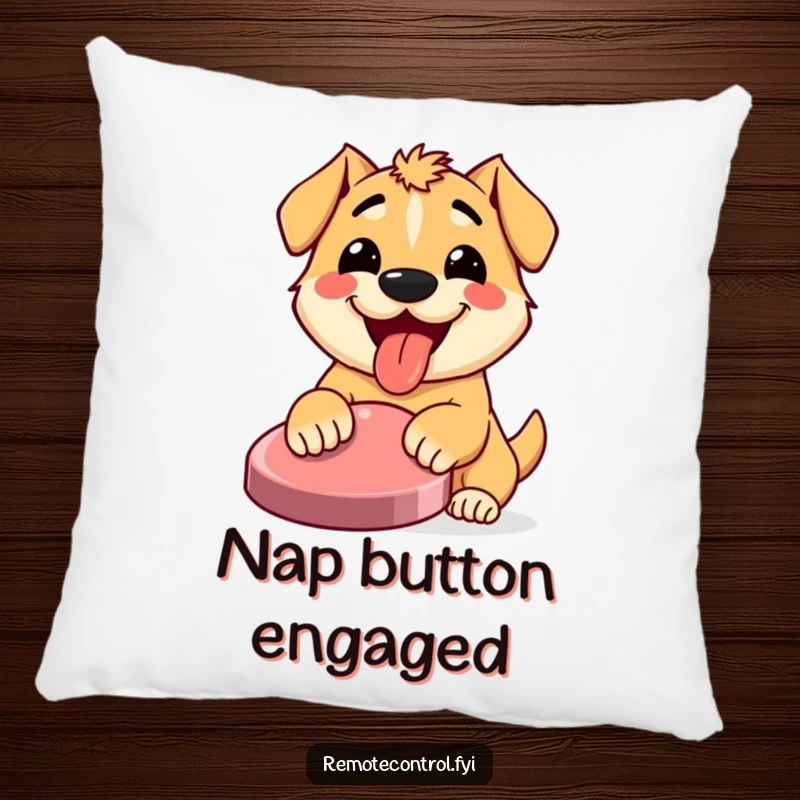 Funny pillow with a happy, tongue-out dog enthusiastically pressing a large button, offering whimsical comfort and humor.