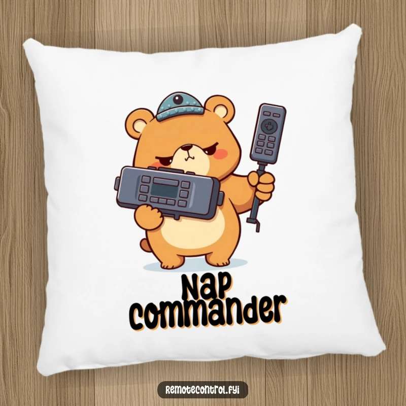 Funny bear character holding a giant TV remote with a determined expression on a pillow, depicting a cute and comical scene of authority.