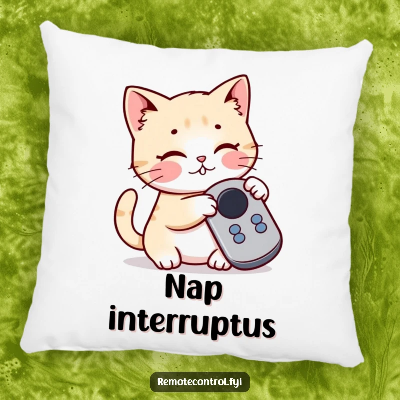 Funny Kawaii Cat Pillow featuring a cute cat playfully batting at a button on a remote control, perfect for cozying up.