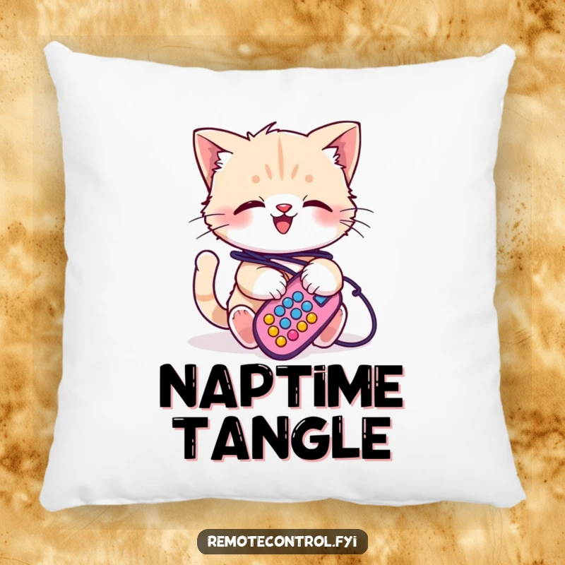 Funny kitten pillow, a giggling kitten is playfully tangled in the wires of a remote, adding humorous decor to any space.
