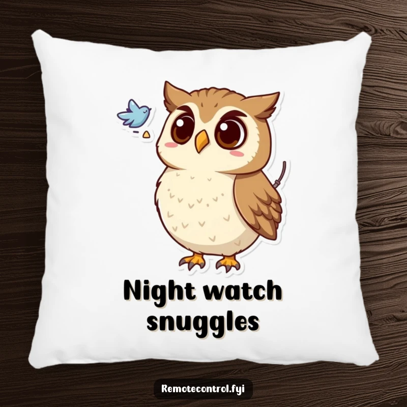 Funny pillow with a surprised owl holding a remote, looking at a flying symbol, offering comfort and mysterious humor.