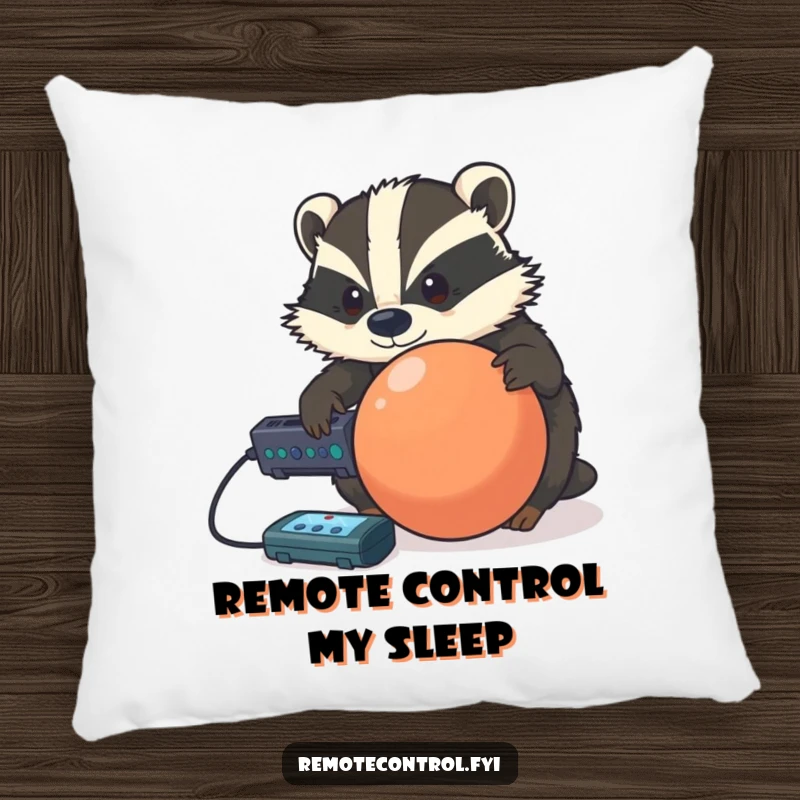 Funny determined badger controlling a rolling ball with a remote, printed on a soft and decorative pillow.