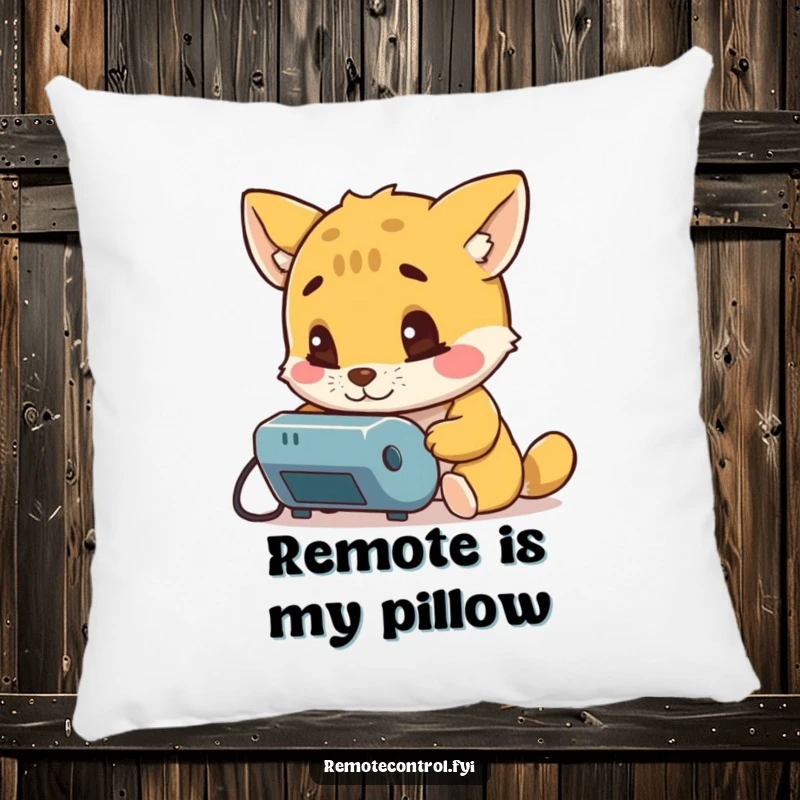 Funny pillow featuring a curious animal character intently examining a remote control, perfect for adding comfort and thoughtful humor.