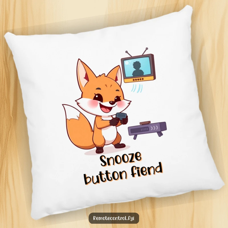 Funny fox pillow depicting a grinning fox aiming a remote at a TV, adding playful comfort to any space.