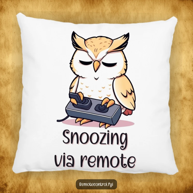 Funny kawaii owl concentrating intensely on a remote control on a pillow.
