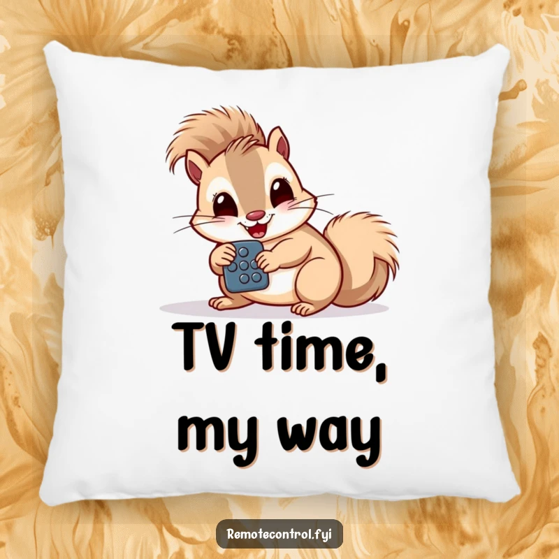 Funny giggling squirrel intently studying a remote control with large buttons on a decorative pillow.
