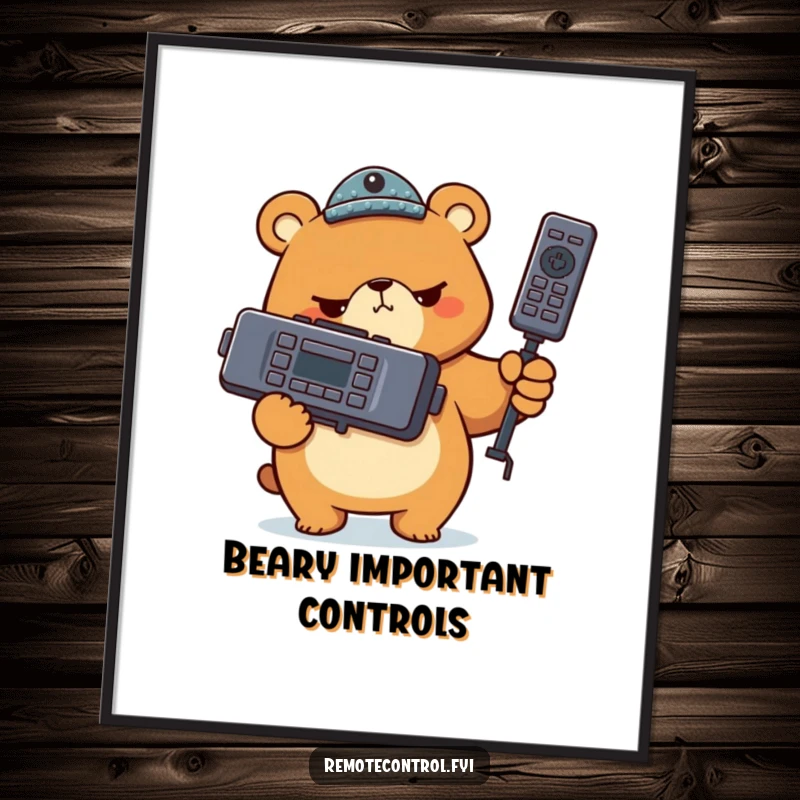 Funny bear character holding a giant TV remote with intense seriousness in a digital art print, capturing a moment of comedic authority.