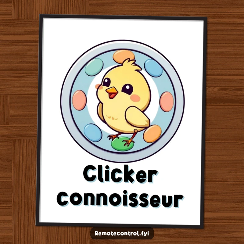 Funny bird character energetically pecking a large, colorful remote button in a digital art print, capturing a moment of comedic control.