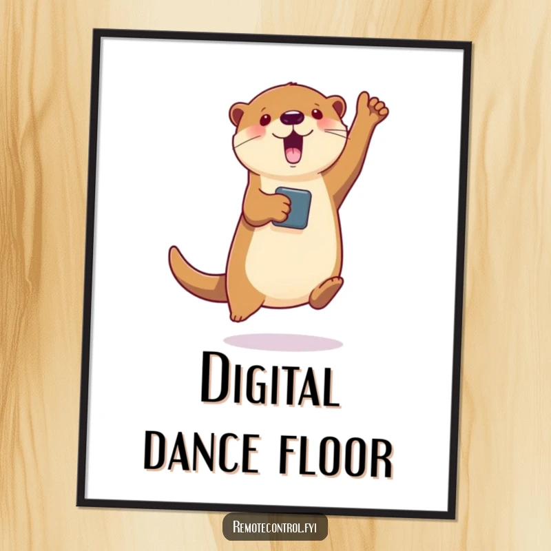 Funny digital art print of a jumping otter holding a remote, controlling virtual characters' dance moves, capturing digital entertainment joy.
