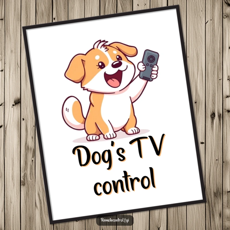 Funny dog digital art print: an excited dog with a furiously wagging tail holding a TV remote.