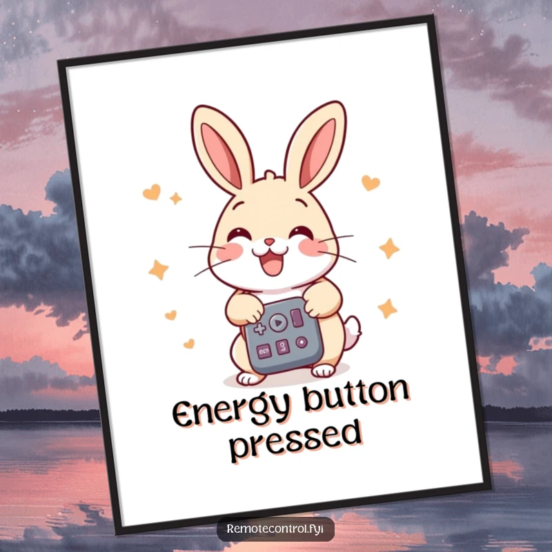 Funny rabbit digital art print, a cheerful rabbit pressing multiple buttons on a remote with great energy, perfect for decor.