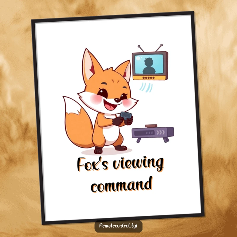 Funny fox digital art print: a mischievous fox grins while aiming a remote control at a floating screen.