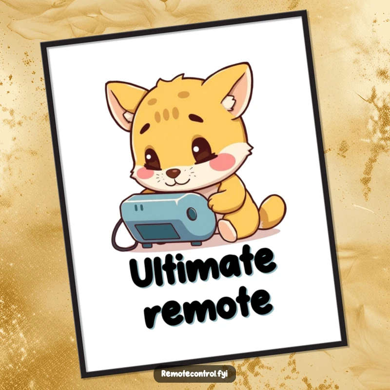 Funny digital art print of a curious animal character examining a remote control with intense interest, ready to spark conversation.