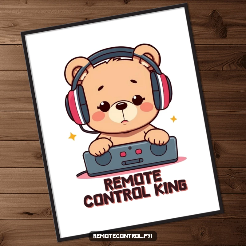 Funny digital art print of a bear with headphones, intensely focused on a remote, perfect for humorous home or office decor.