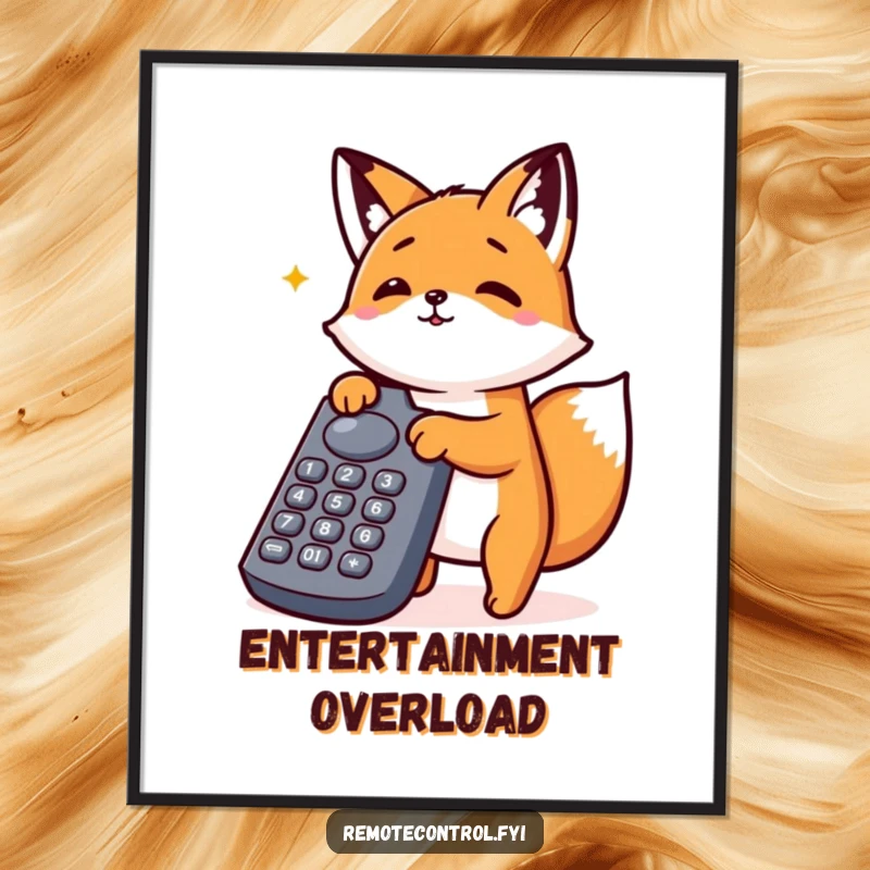 Funny Kawaii Fox Digital Art Print of an excited fox enthusiastically pressing buttons on a large remote control, for instant download.