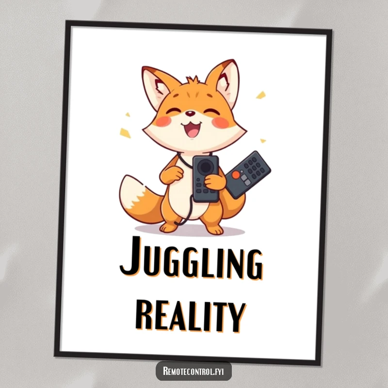Funny digital art print of a happy fox character joyfully juggling two remote controls. Instant downloadable fun.