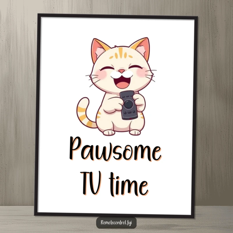 Funny digital art print of a giggling cat character holding a remote control, pointing it playfully for decor.