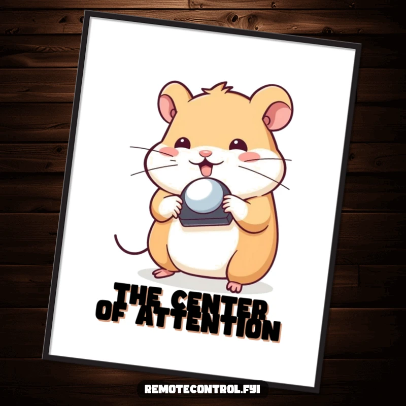 Funny Hamster Digital Art Print: Playful hamster character spinning a TV remote control on its nose, symbolizing balance and entertainment.