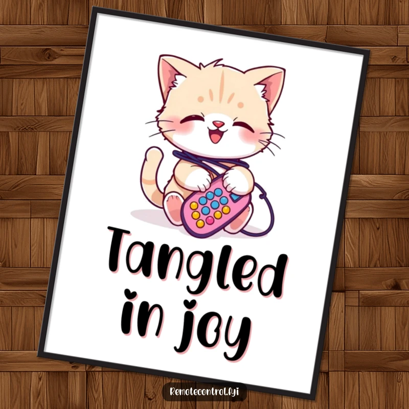 Funny kitten digital art print, a very happy kitten is comically tangled in colorful remote control wires, looking adorable and amused.