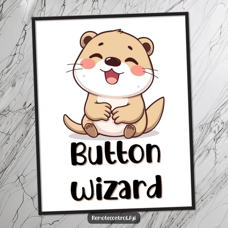 Funny digital art print of a cheerful otter character delightedly and furiously tapping computer keyboard buttons with enthusiasm.