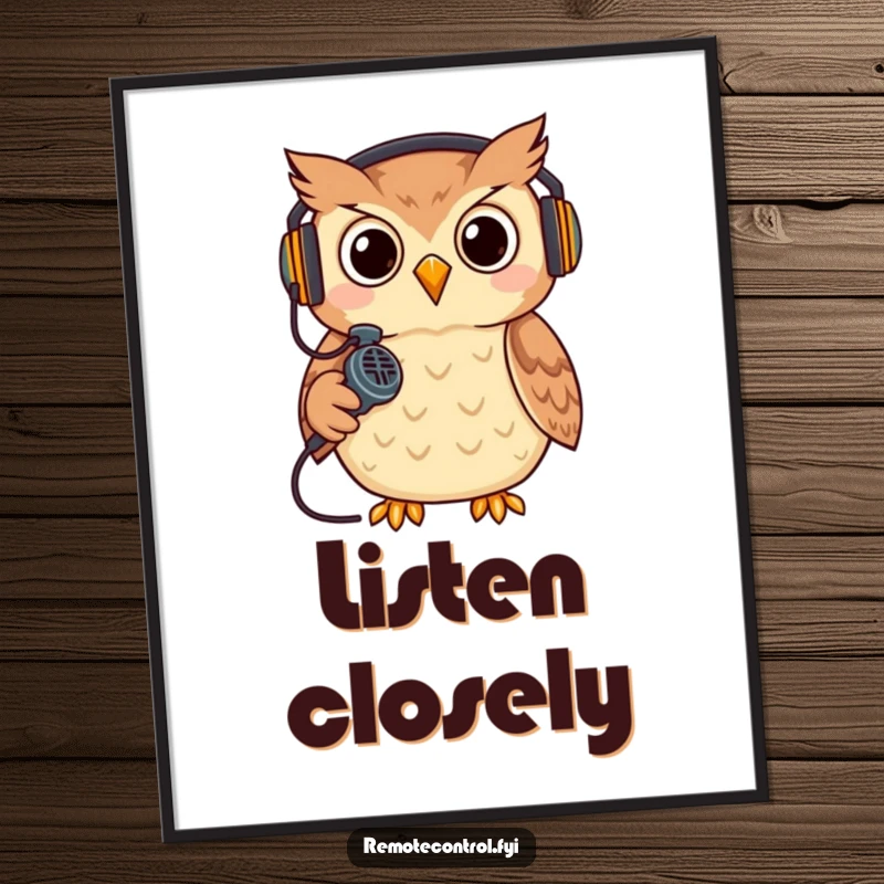 Funny owl wearing a headset, holding a remote like a microphone, gaming. High-resolution funny digital art.