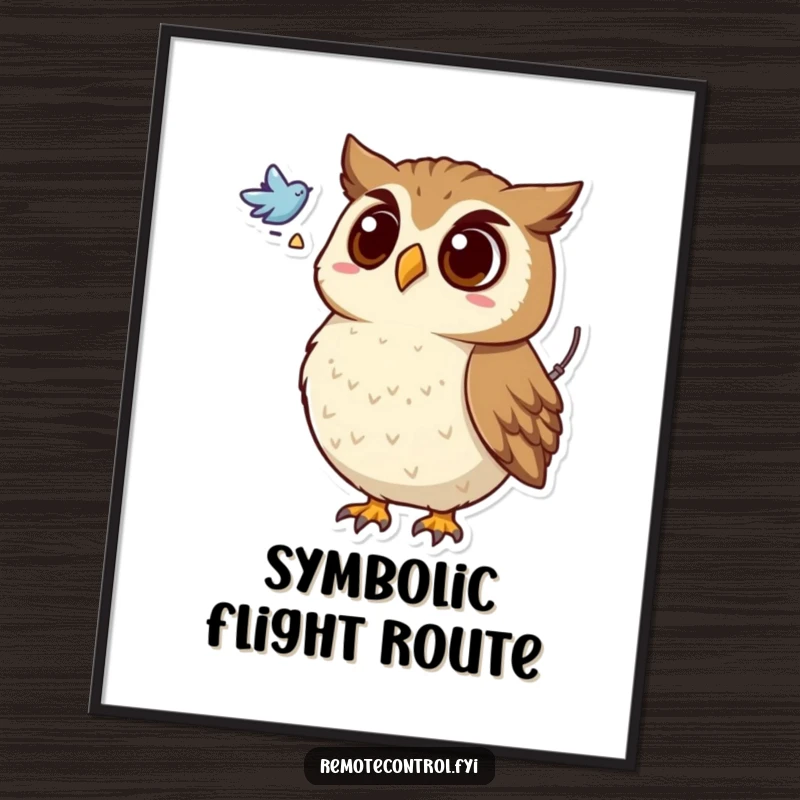 Funny digital art print of a surprised owl holding a remote, looking at a flying symbol, capturing a moment of intrigue.