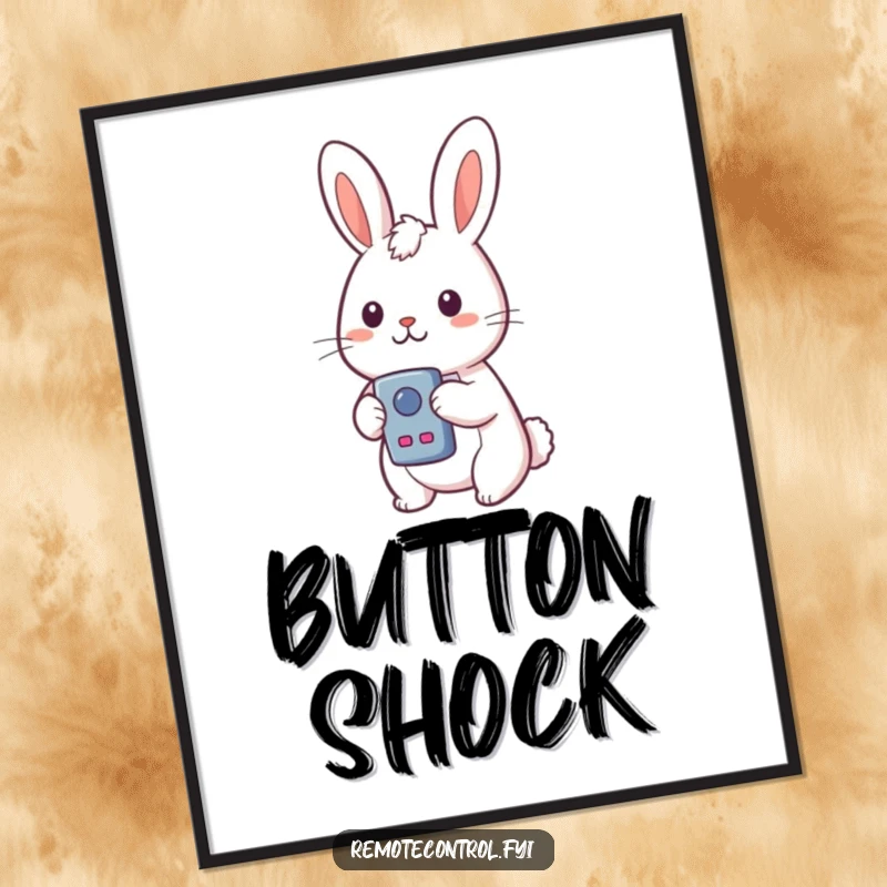 Funny Kawaii Rabbit Digital Art Print of a rabbit looking surprised while holding a remote control, for instant download.