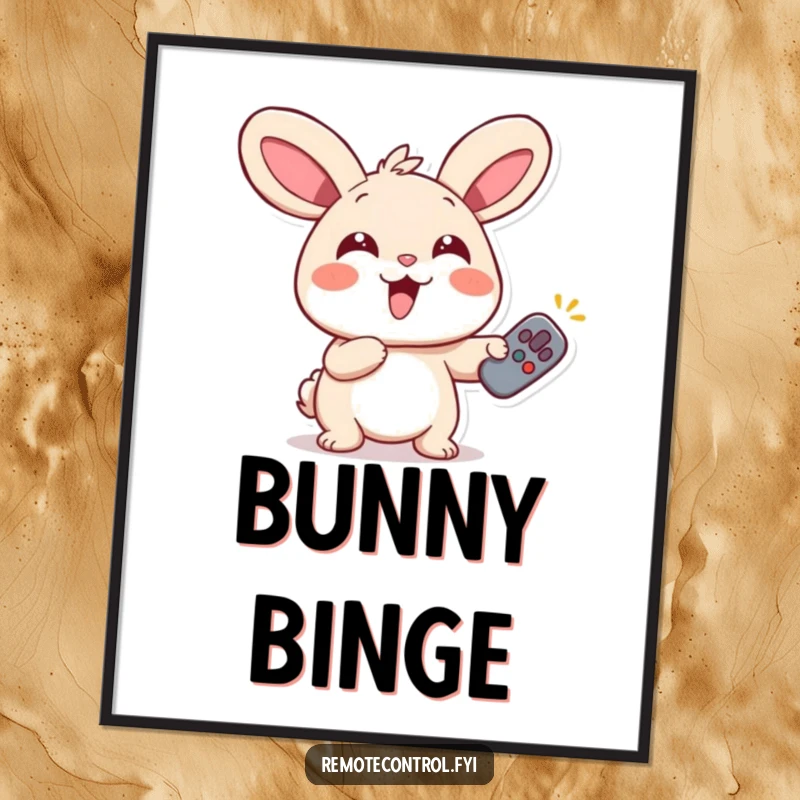 Funny Rabbit Remote Digital Art Print of a giggling rabbit with wide eyes, enthusiastically pointing a remote, ready for download.