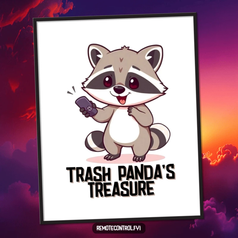 Funny raccoon character attempting to sneak away with a TV remote in a digital art print, capturing a moment of comedic banditry.