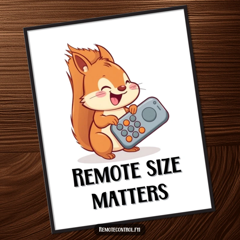 Funny squirrel digital art print, a delighted squirrel attempting to operate a giant oversized remote, perfect for wall decor.