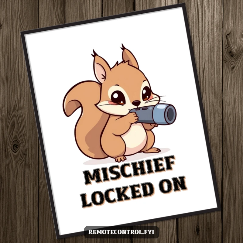 Funny kawaii squirrel with mischievous eyes aiming a remote control in digital art.