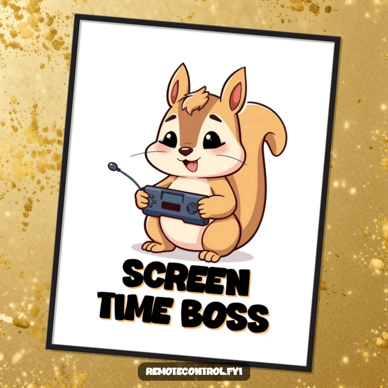 Funny digital art print of a happy squirrel character holding a remote control in both paws, looking extremely focused and ready.