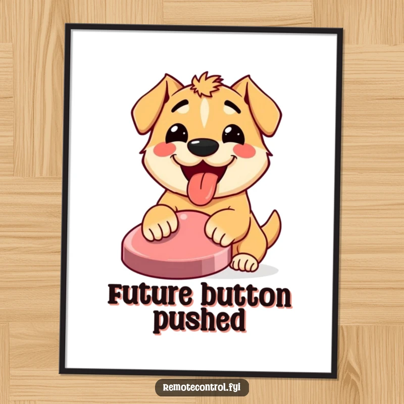Funny digital art print of a happy dog with its tongue out, enthusiastically pressing a large button, perfect for energetic decor.