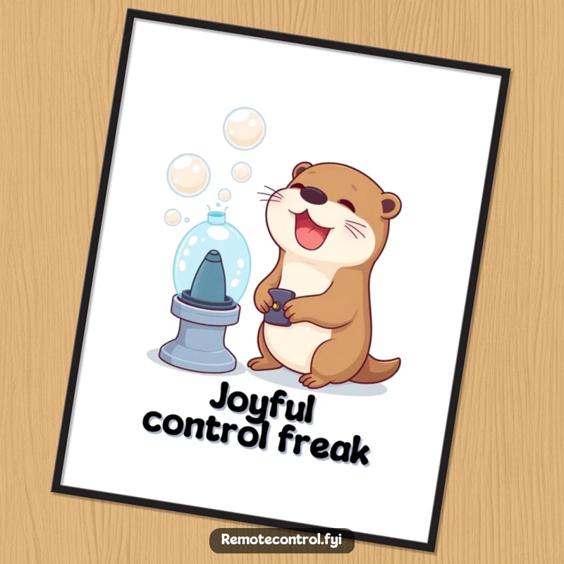 Funny otter character joyfully using a remote to activate a bubble machine in a digital art print, capturing a moment of pure comedic delight.