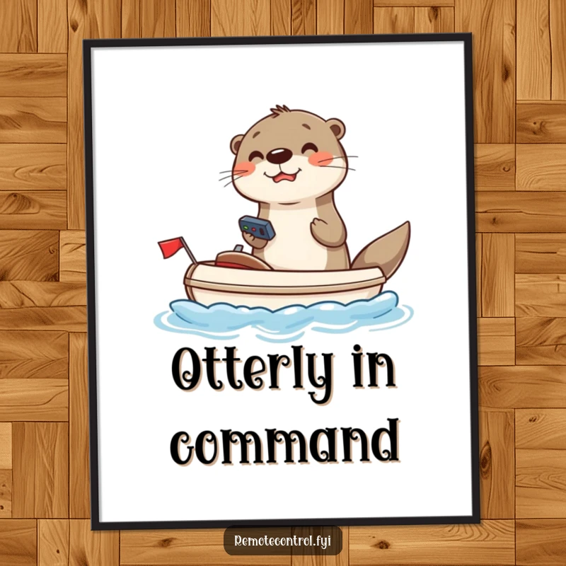 Funny otter digital art print showing a joyful otter using a remote to steer a toy boat, a humorous and downloadable artwork.