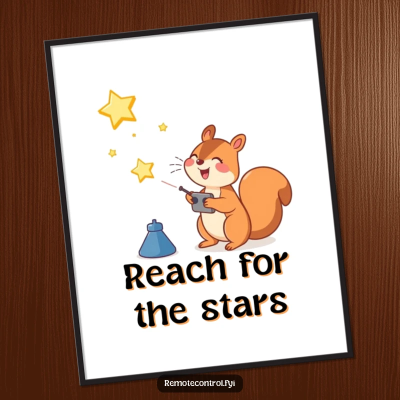 Funny Squirrel Digital Art Print: Joyful squirrel character using a remote control to launch a shining star into the sky, symbolizing aspiration.