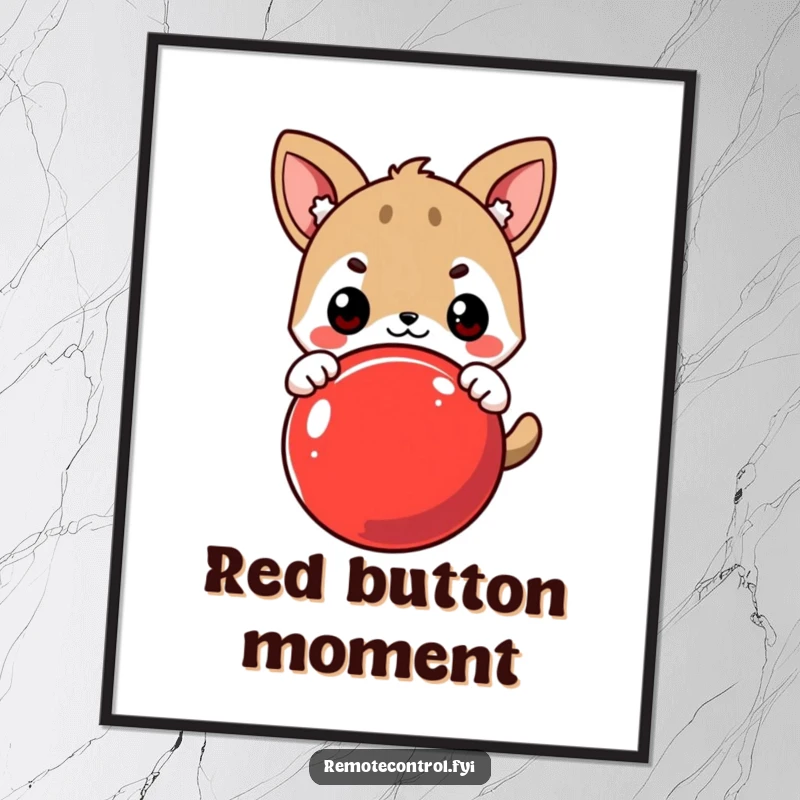 Funny Digital Art Print: Cute Animal Character Eagerly Pressing a Large Red Button, Capturing Action and Humor.