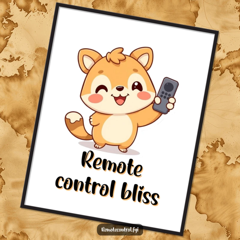 Funny digital art print of a grinning animal character enthusiastically pointing a remote control, capturing a moment of pure, comedic delight.
