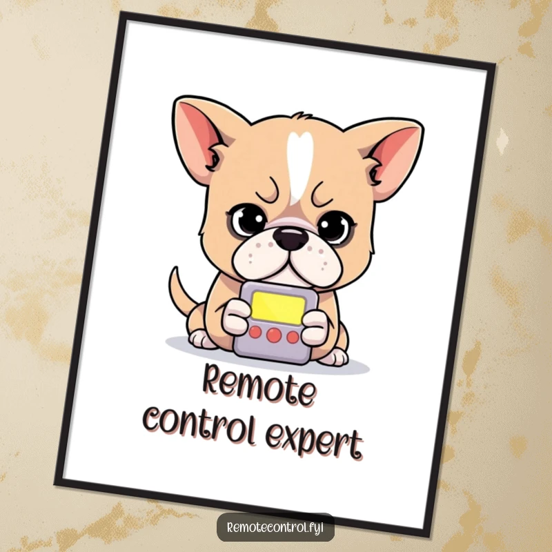 Funny dog digital art print of a determined dog intently focused on the small, glowing screen of a remote control.