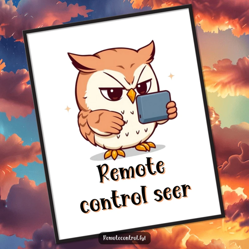 Funny owl digital art print showing a determined owl engrossed in a remote control, a humorous and downloadable masterpiece.