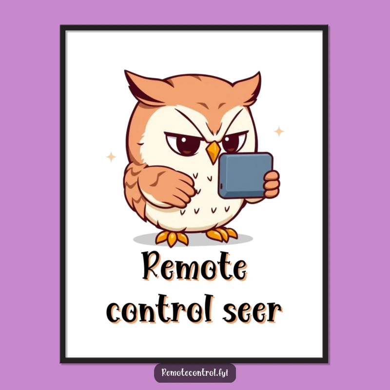Funny Determined Owl Digital Art: Hilarious Remote Control Fanatic Printable Decor
