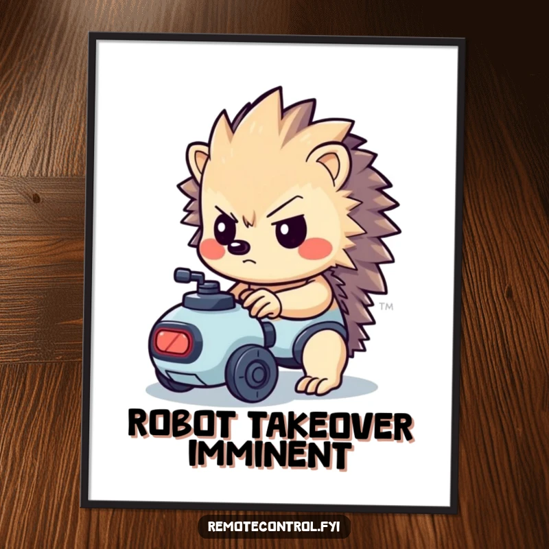 Funny kawaii hedgehog with a determined look controlling a tiny robot in digital art.