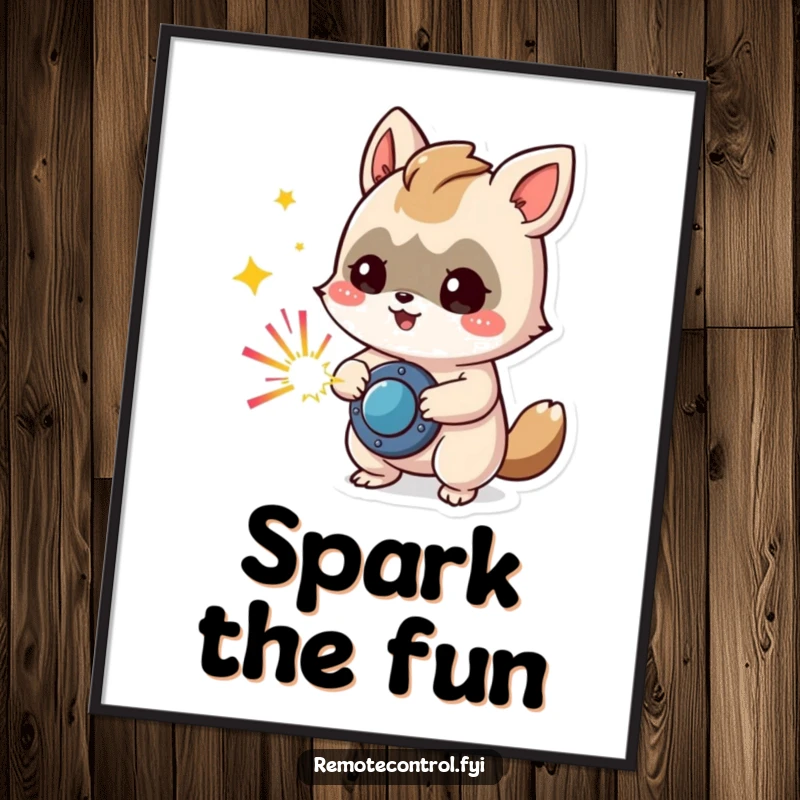 Funny digital art print of a mischievous animal character pressing a button that unleashes vibrant, colorful sparks, ready to energize any room.