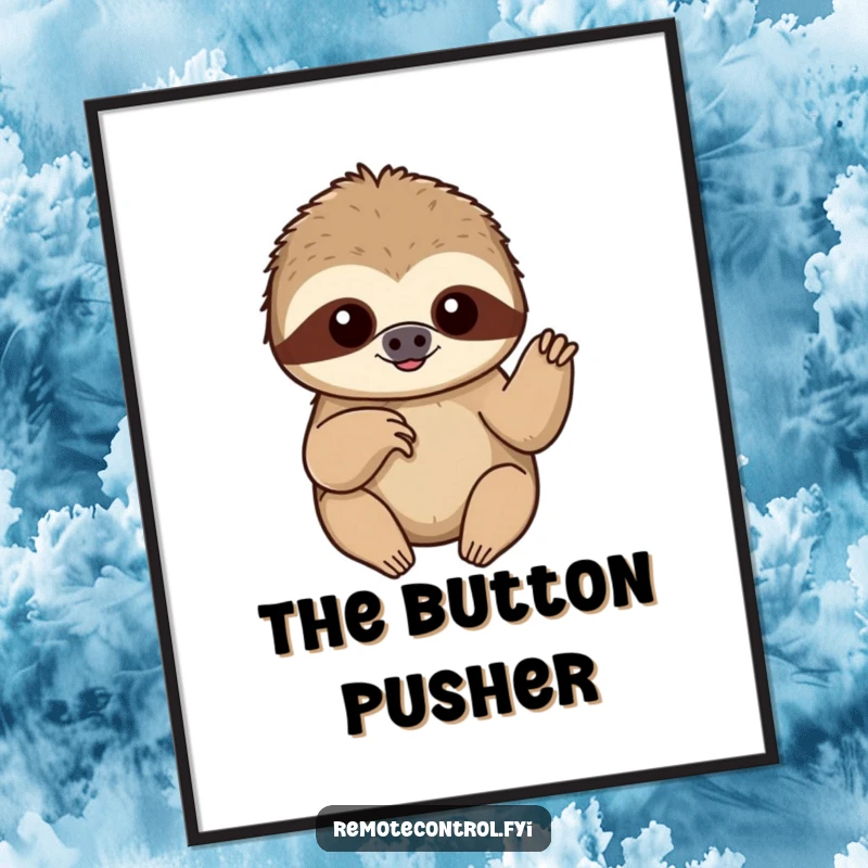 Funny content sloth slowly pushing a button with a single finger, available as a downloadable humorous digital art print.