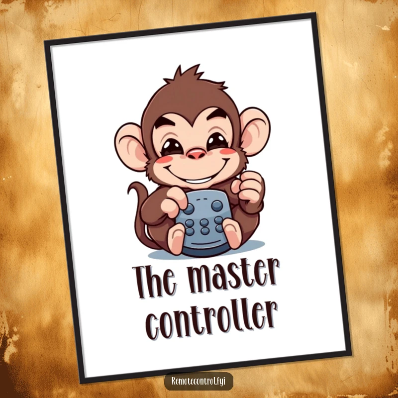 Funny monkey digital art print of a mischievous monkey with a wide grin, disguised as a television remote control.